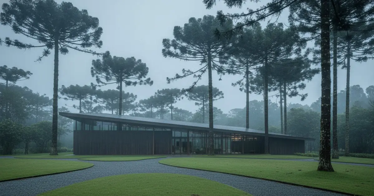 Fachada do Crematório Bosque do Descanso: edifício de madeira escura e vidro entre araucárias