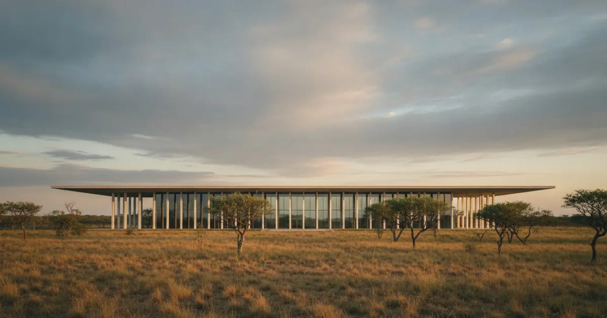 Fachada do Crematório Campo da Esperança: edifício modernista de colunas brancas em meio ao cerrado