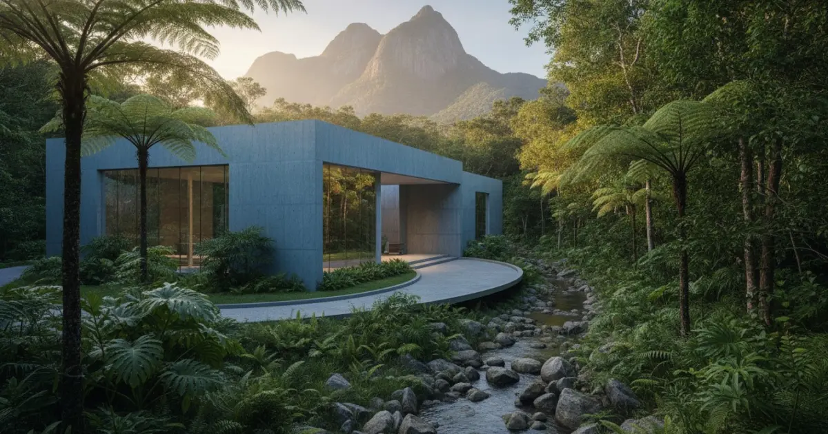 Fachada do Crematório da Cachoeira: pavilhão de concreto e vidro cercado por mata atlântica e riacho de pedras