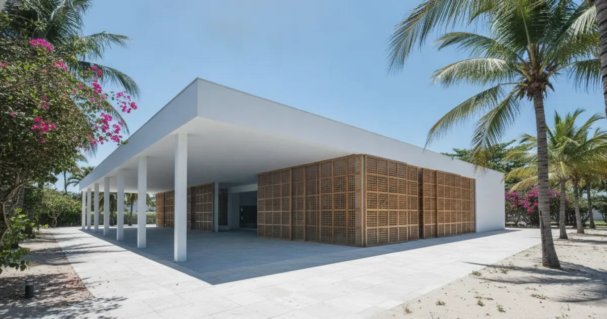 Fachada do Crematório Portal do Sol: construção branca com arcada sombreada e vegetação tropical